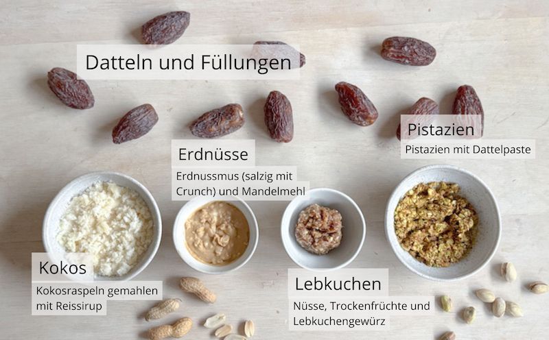 Zutaten für Dattelpralinen mit Füllung